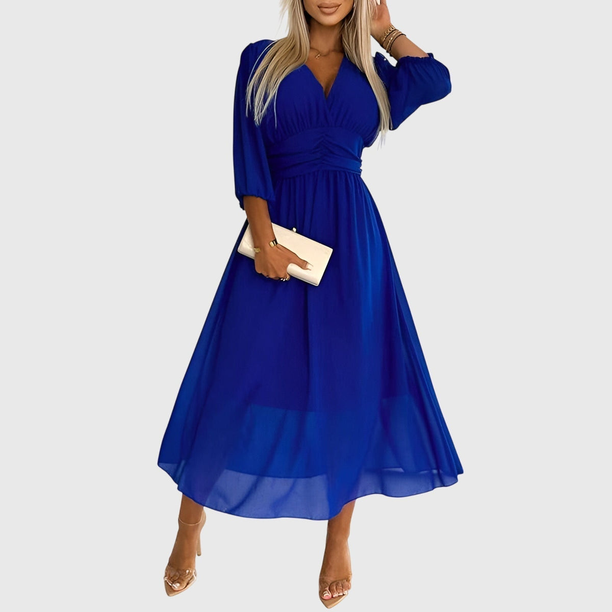 V-Neck Balloon Sleeve Ruched Waist Chiffon Midi Dress 2