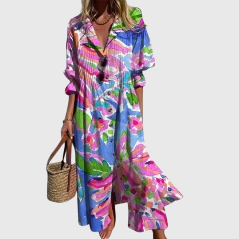 Watercolor Floral Print Split Neck Long Sleeve Maxi Dress 4