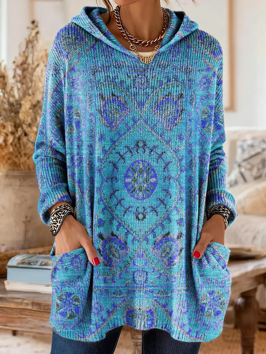 Medallion Print Hooded Oversized Tunic Sweater 10