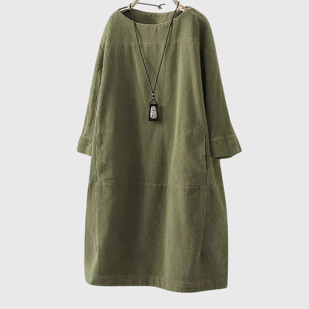 Corduroy Round Neck Long Sleeve Pocket Midi Dress 4