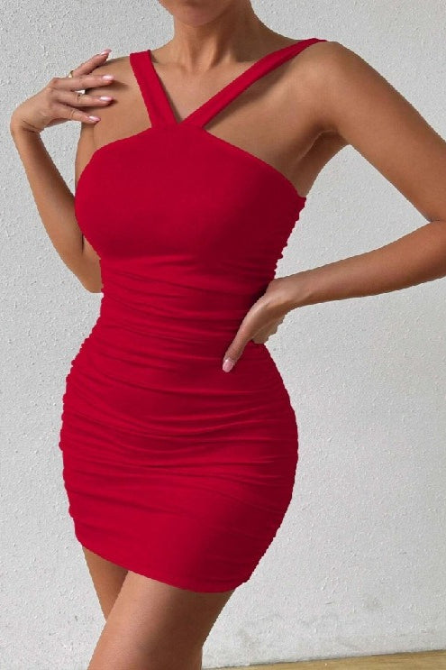 Ruched Halter Neck Cross Strap Bodycon Mini Cocktail Dress - View 2