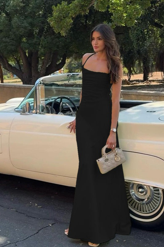Cowl Neck Spaghetti Strap Backless Satin Mermaid Maxi Dress 3
