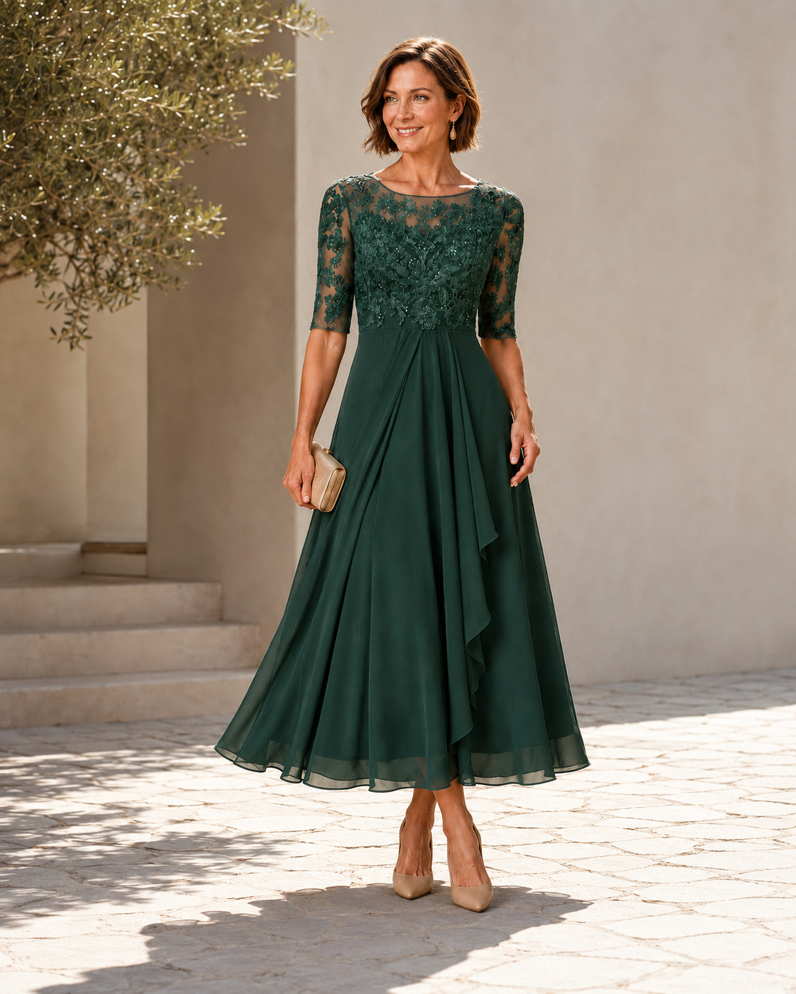 Lace Bodice Short Sleeve Draped Chiffon Tea Length Dress 4