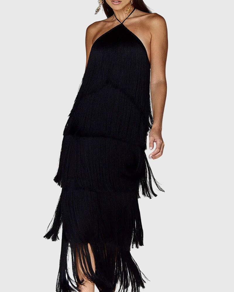 Halter Neck Tiered Fringe Maxi Dress 4