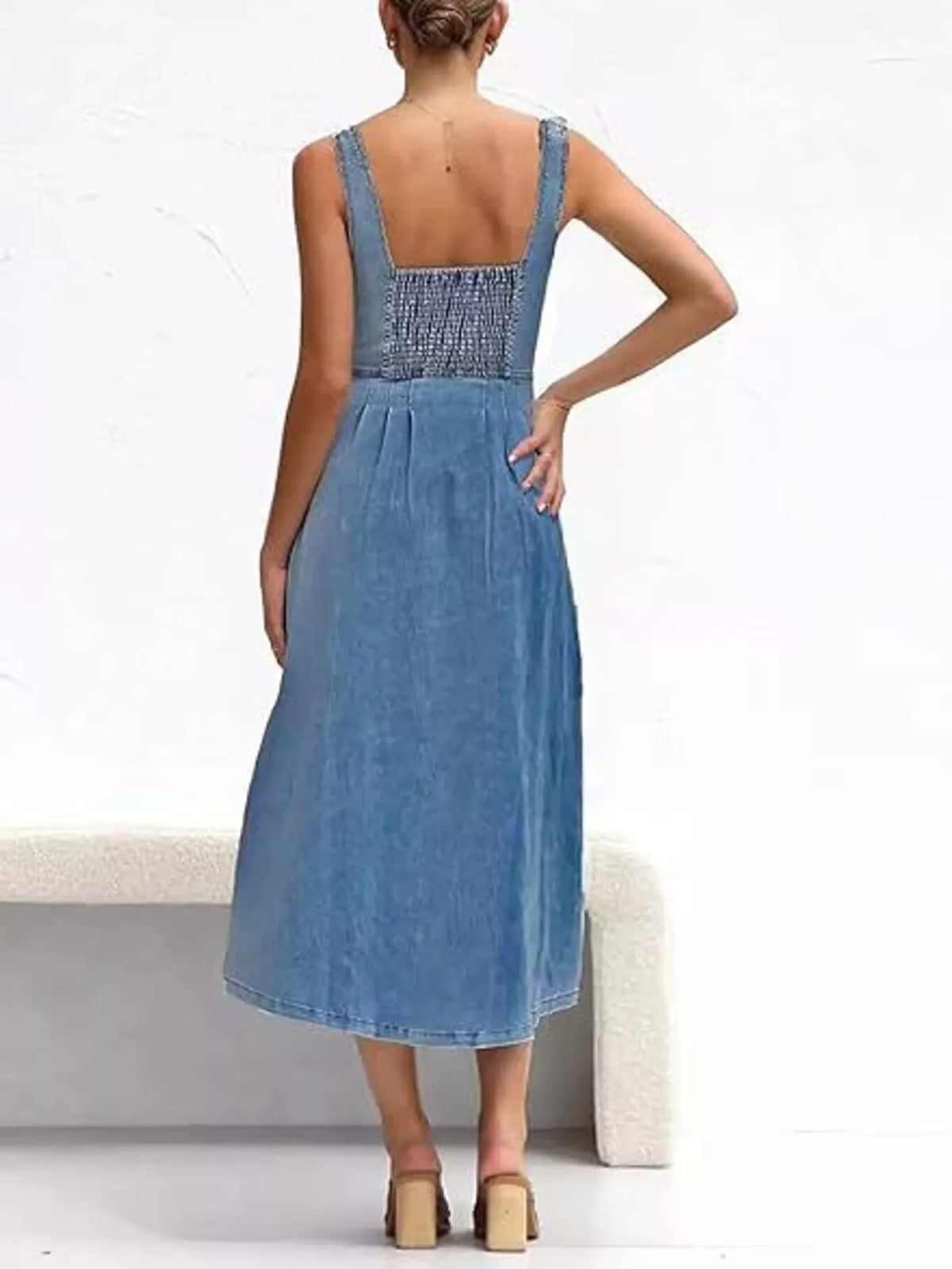 Sweetheart Neck Button Front Denim Look Midi Dress 6