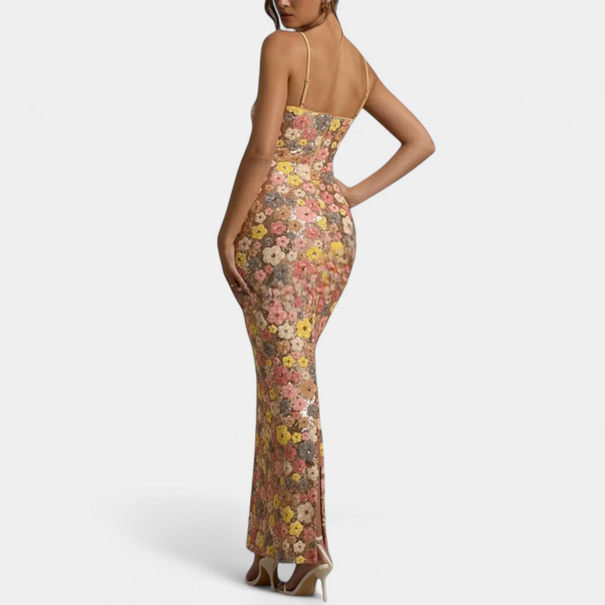 Floral Sequin Square Neck Spaghetti Strap Bodycon Maxi Dress 2