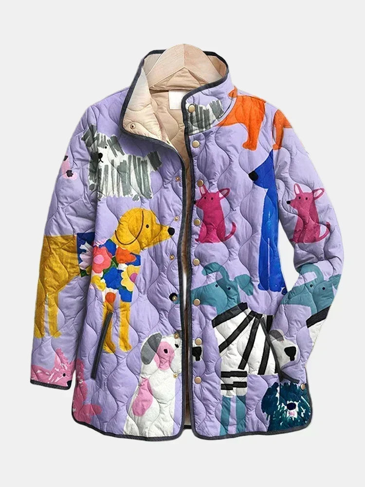 Dog Print Stand Collar Snap Front Quilted Jacket 3