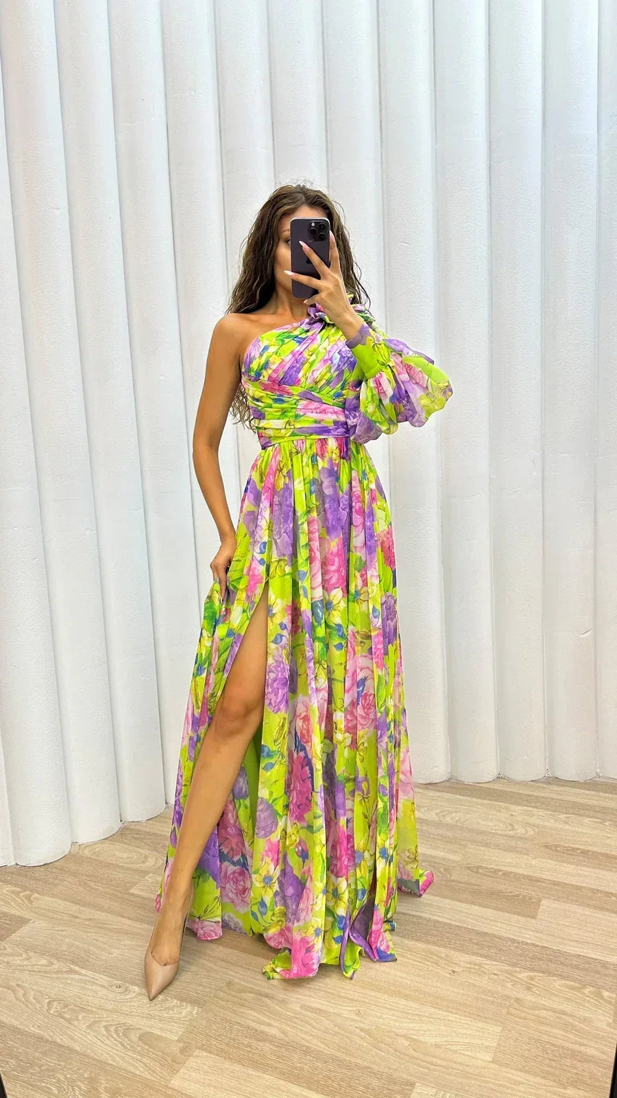Floral Chiffon One Shoulder Puff Sleeve High Split Maxi Dress 2
