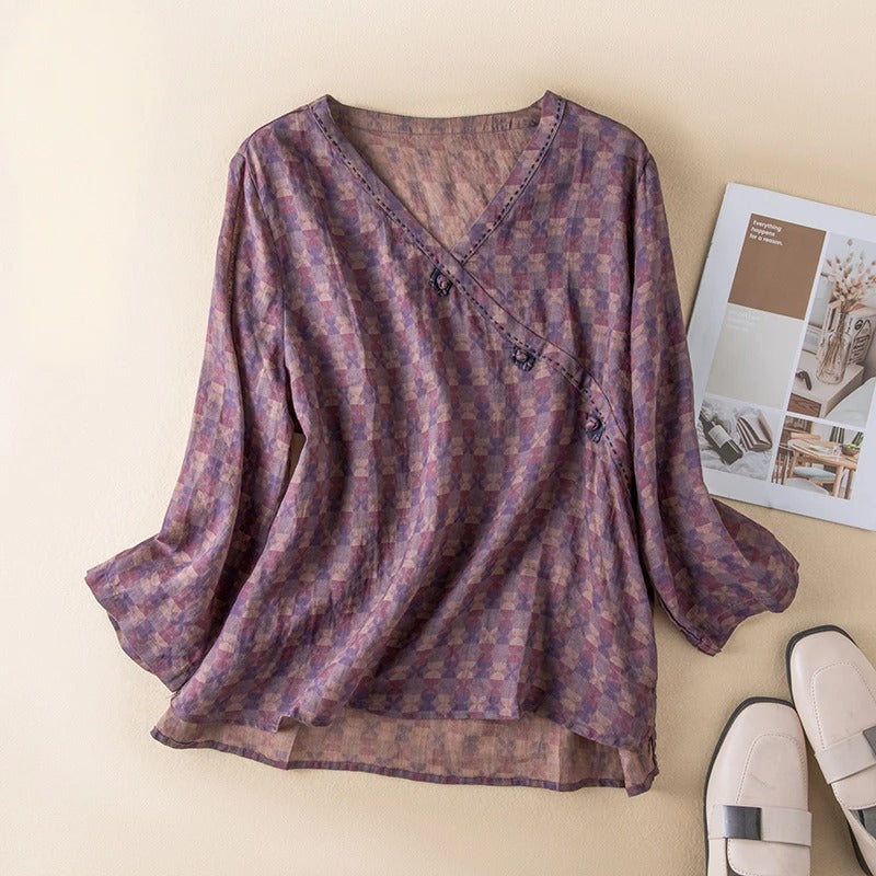 Paisley Print V-Neck Long Sleeve Frog Button Tunic Top 6