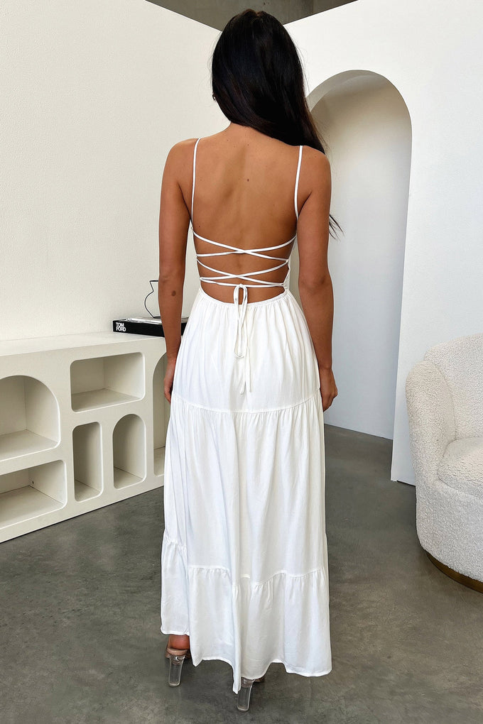 Spaghetti Strap Ruched Tie Front Bust Keyhole Tiered Maxi Dress - View 6