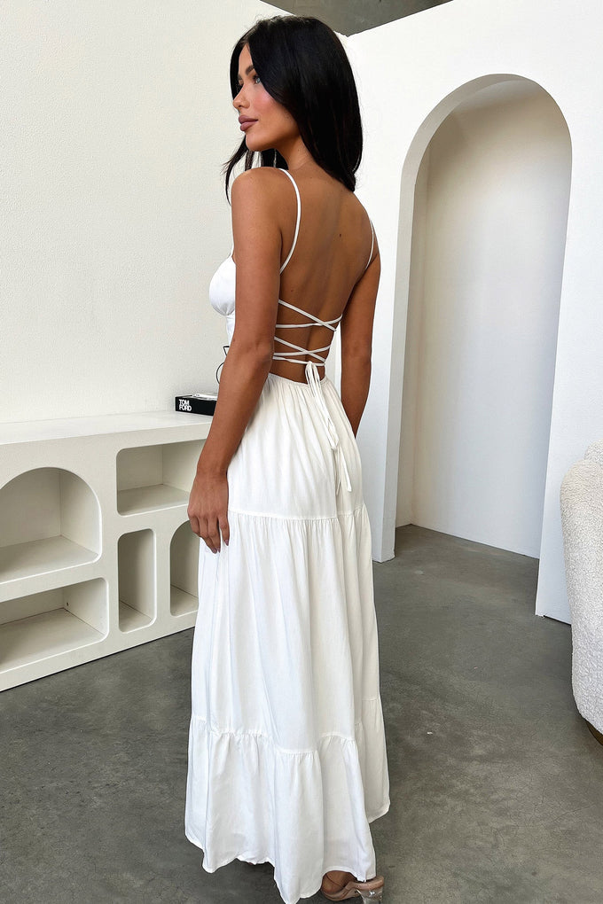 Spaghetti Strap Ruched Tie Front Bust Keyhole Tiered Maxi Dress - View 7