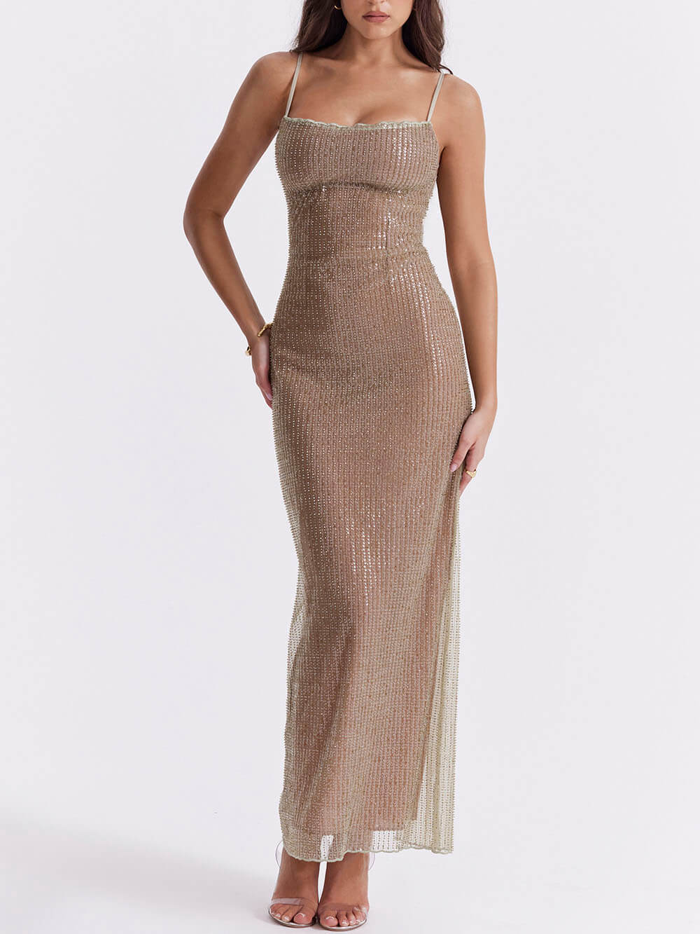 Beaded Mesh Square Neck Spaghetti Strap High Split Bodycon Maxi Gown - View 7