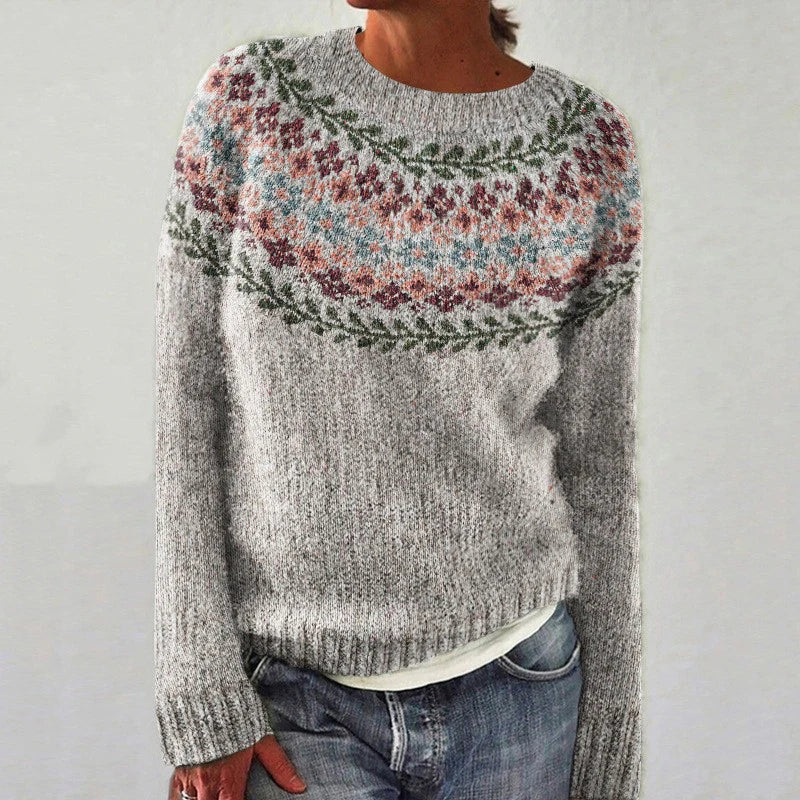 Crew Neck Floral Fair Isle Yoke Knit Sweater