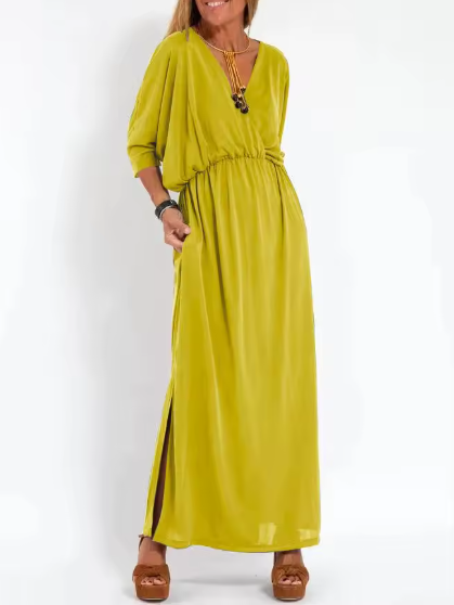 V-Neck Batwing Sleeve Elastic Waist Pocket Maxi Dress 10