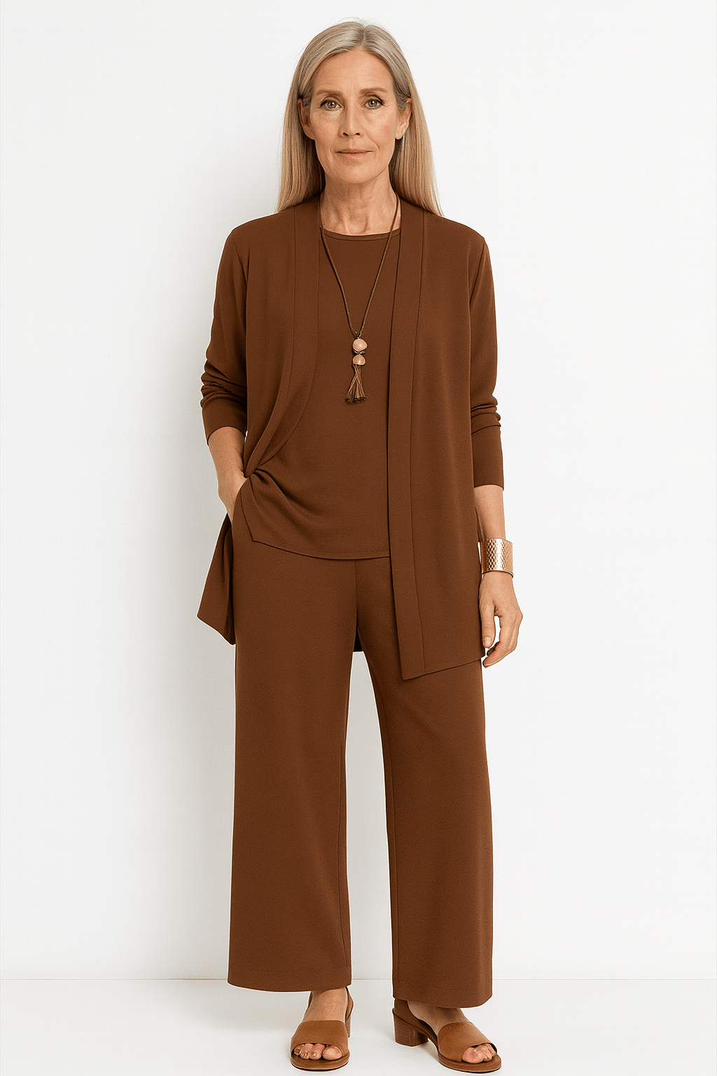 Longline Cardigan Top and Wide Leg Pants Three Piece Set 6