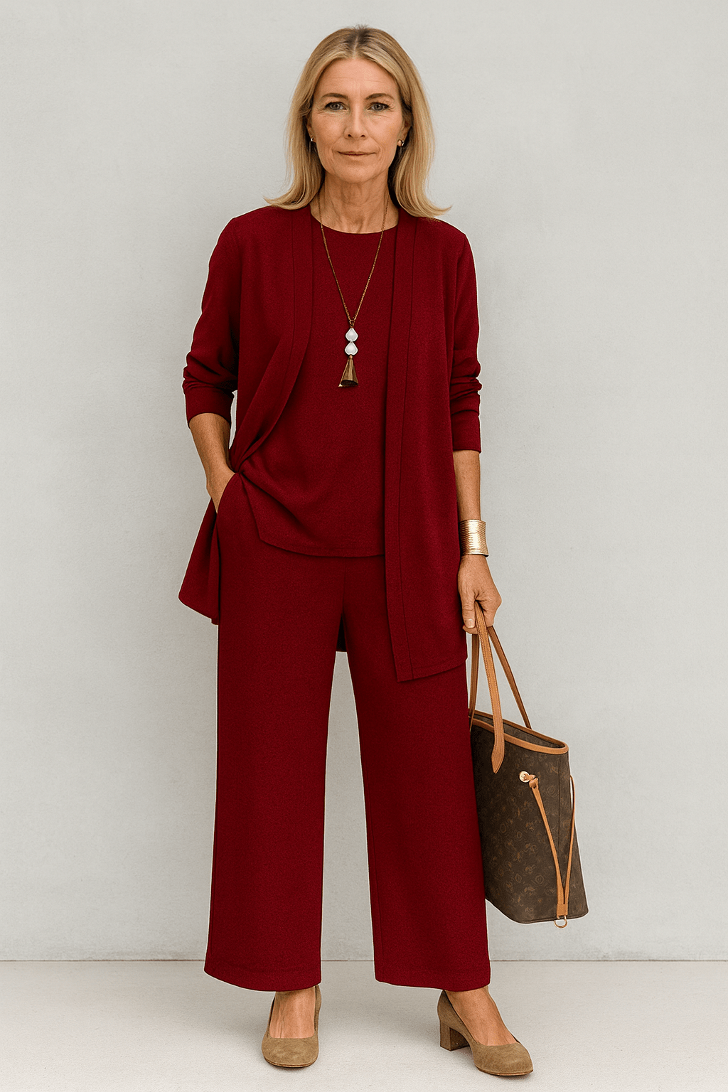 Longline Cardigan Top and Wide Leg Pants Three Piece Set 3