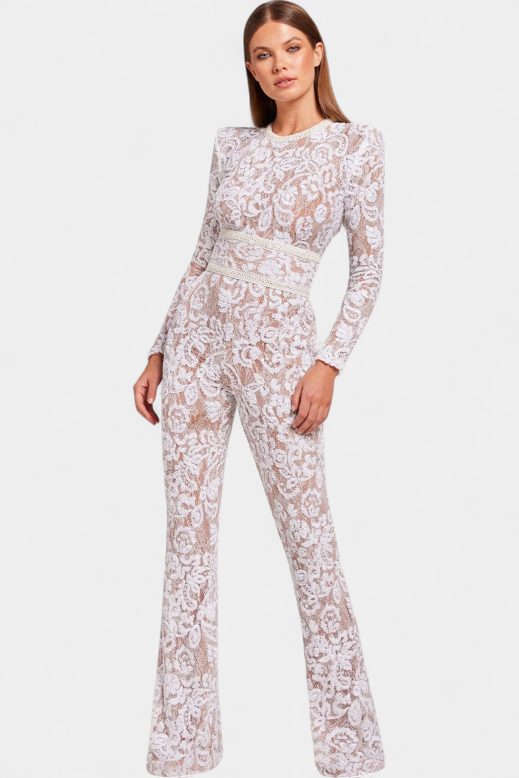 Floral Lace Crew Neck Long Sleeve Flare Leg Jumpsuit 2
