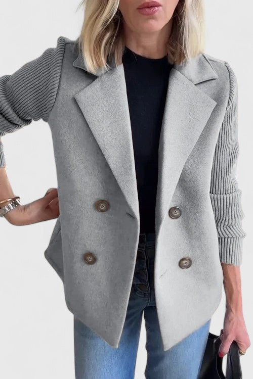 Notch Lapel Double Breasted Ribbed Knit Sleeve Blazer 4