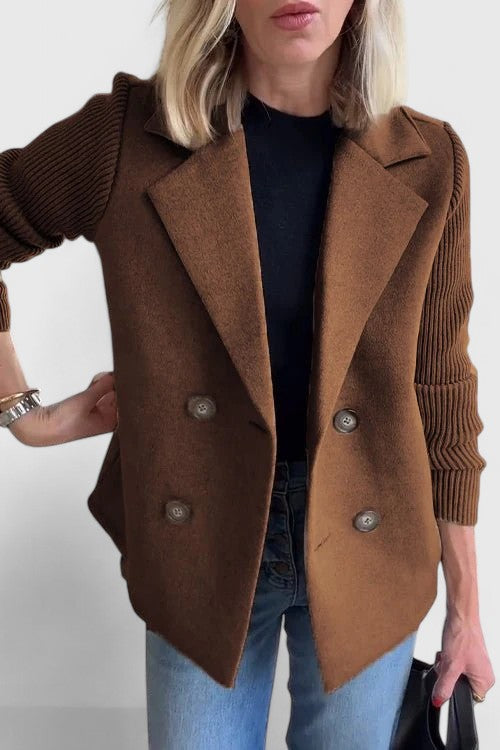 Notch Lapel Double Breasted Ribbed Knit Sleeve Blazer 8