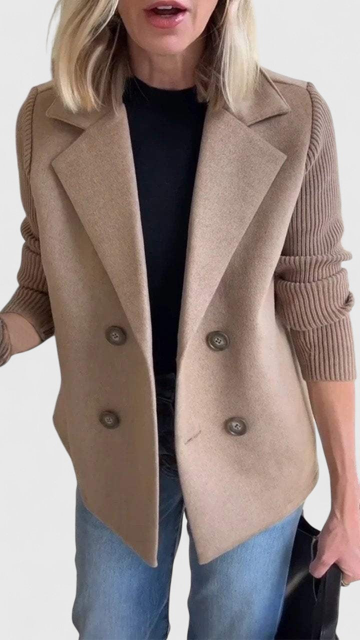 Notch Lapel Double Breasted Ribbed Knit Sleeve Blazer 2