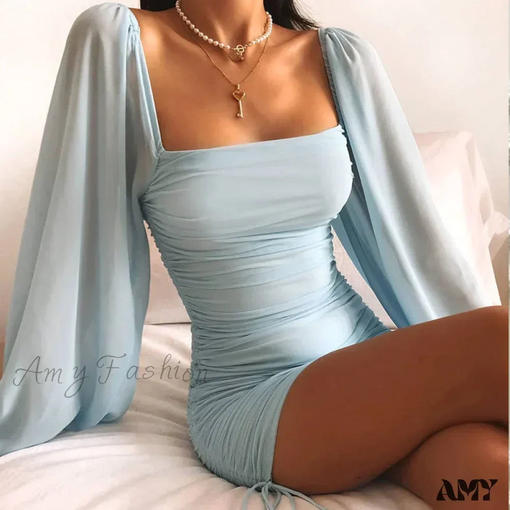 Ruched Square Neck Long Sleeve Bodycon Mini Dress 2