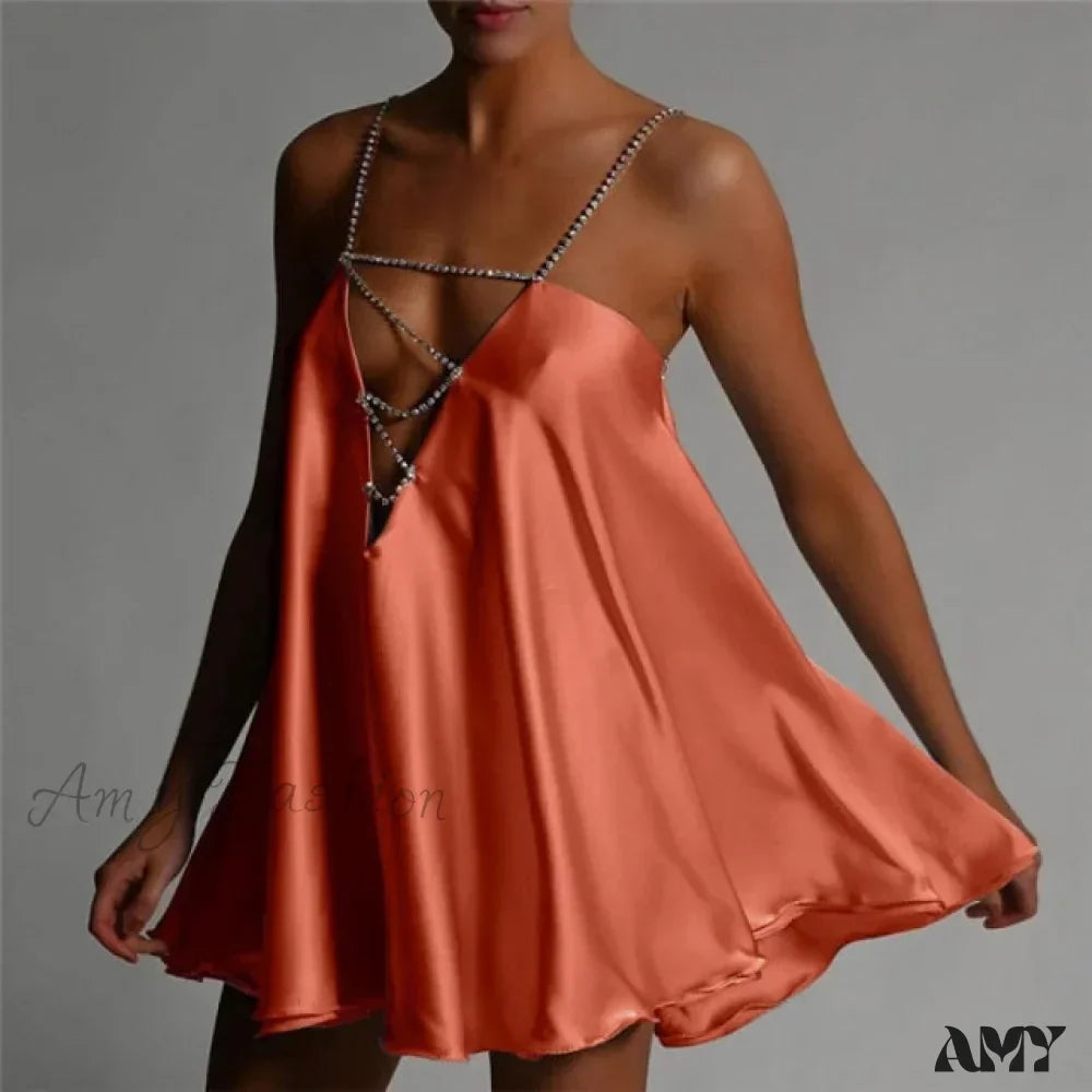 Rhinestone Strap Deep V-Neck Satin Slip Mini Dress 4