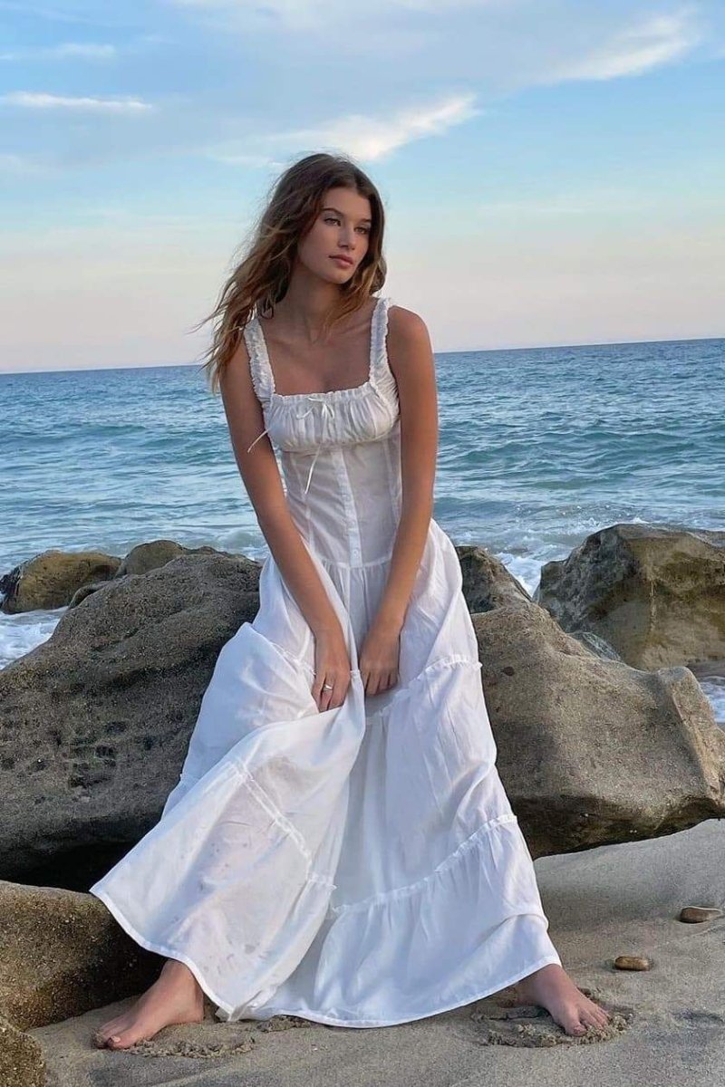 Square Neck Wide Strap Button Front Ruched Tiered Ruffle Maxi Dress