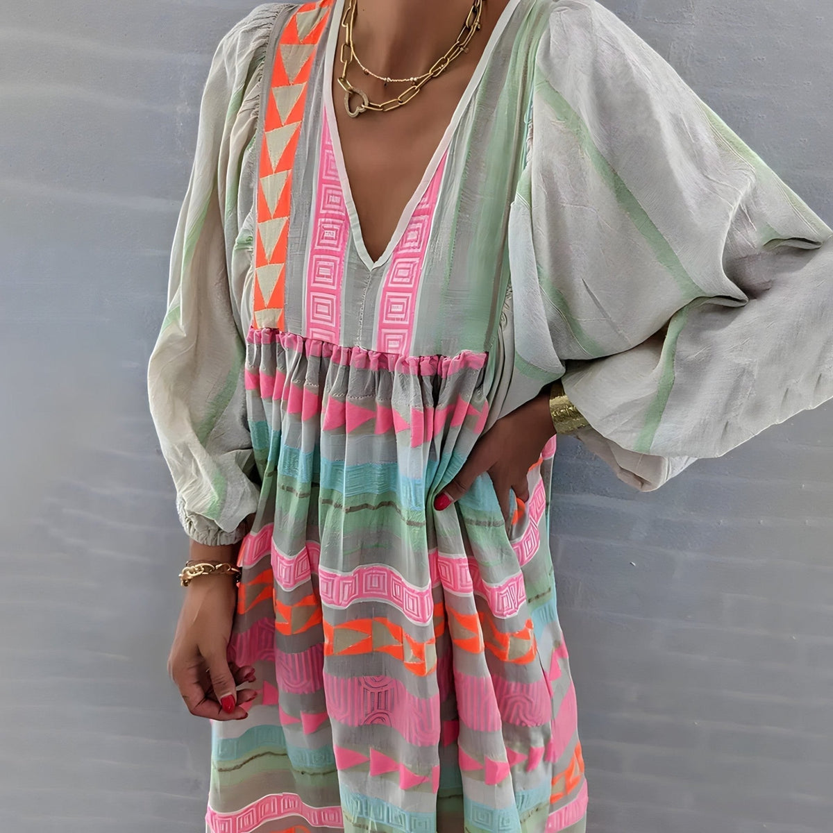 Deep V-Neck Puff Sleeve Embroidered Stripe Tiered Midi Dress - View 5