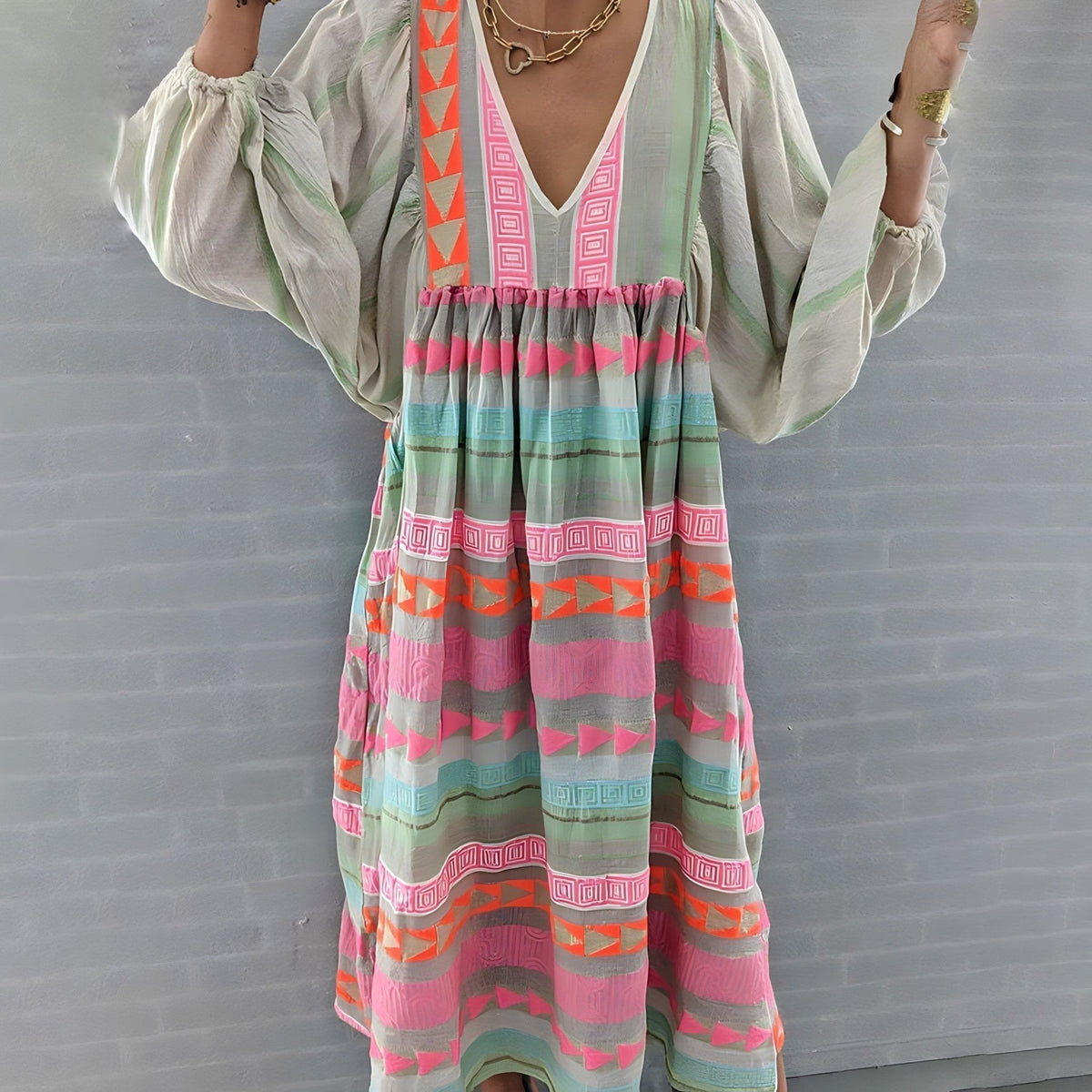 Deep V-Neck Puff Sleeve Embroidered Stripe Tiered Midi Dress - View 4