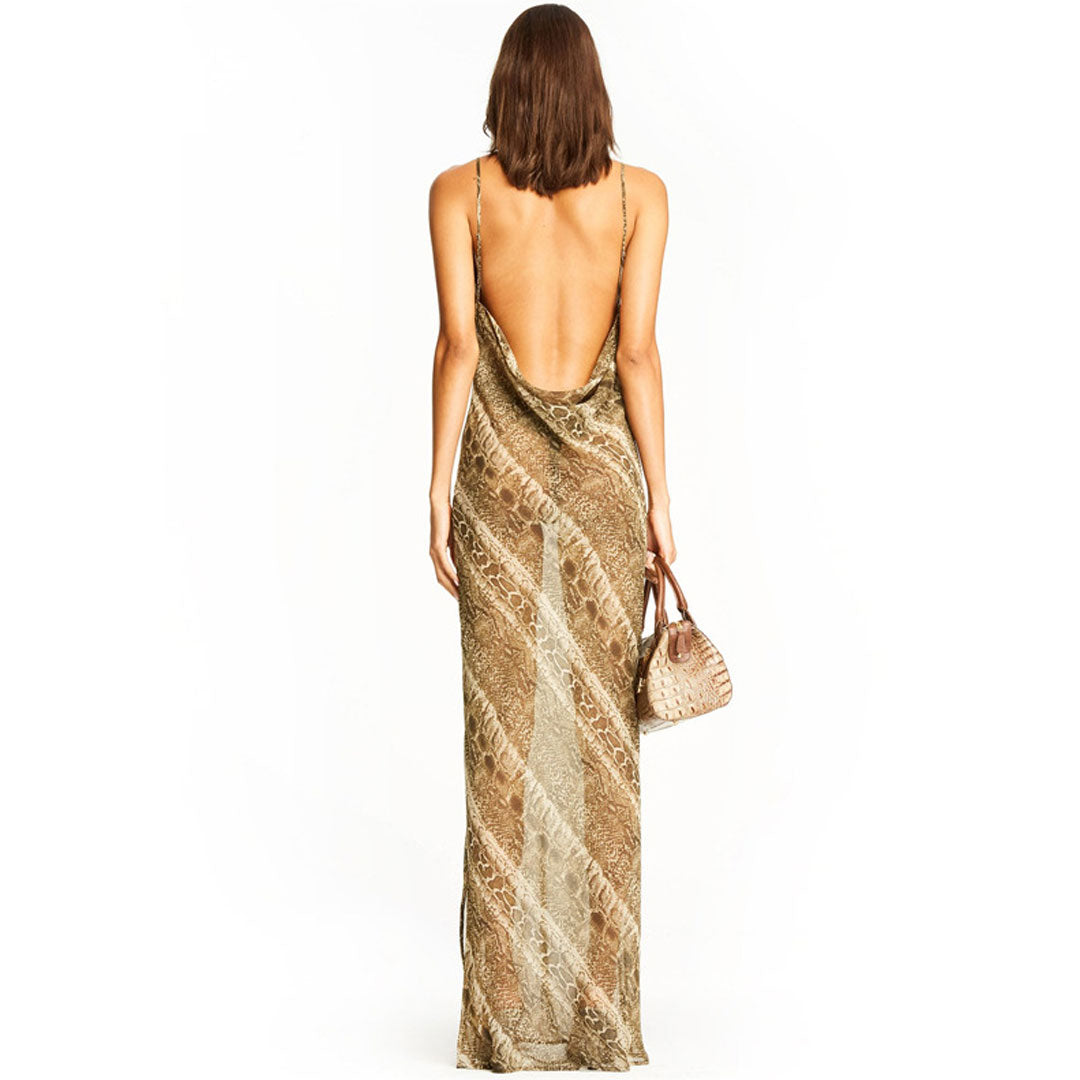 Animal Print Cowl Backless Sheer Slit Slip Maxi Dress - Snake - View 2