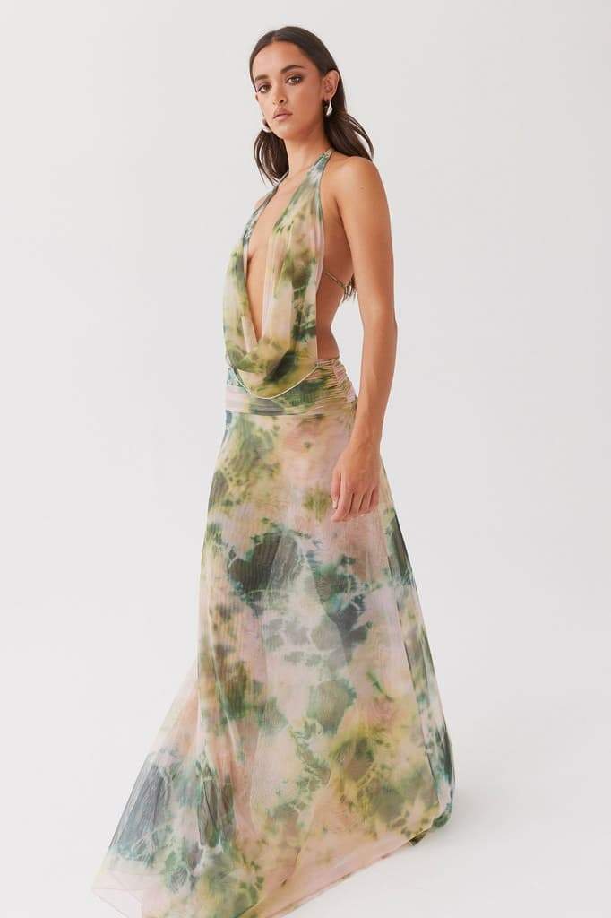 Halter Neck Deep V-Neck Draped Cowl Maxi Dress - View 4