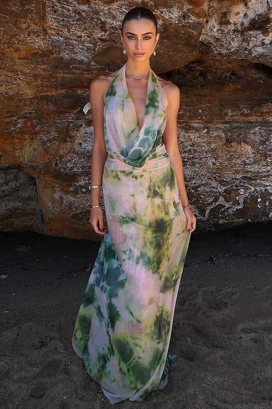 Halter Neck Deep V-Neck Draped Cowl Maxi Dress - View 15