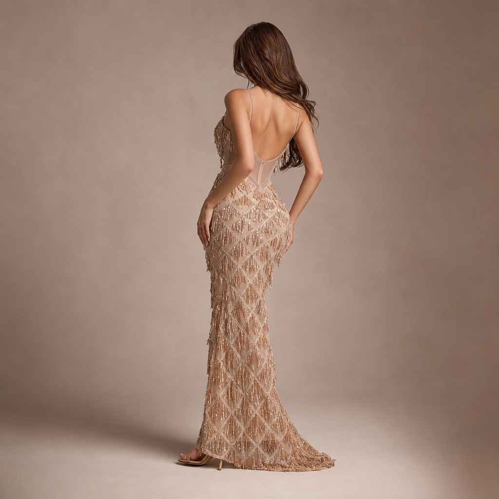 Sweetheart Corset Sequin Fringe Mermaid Maxi Gown 3