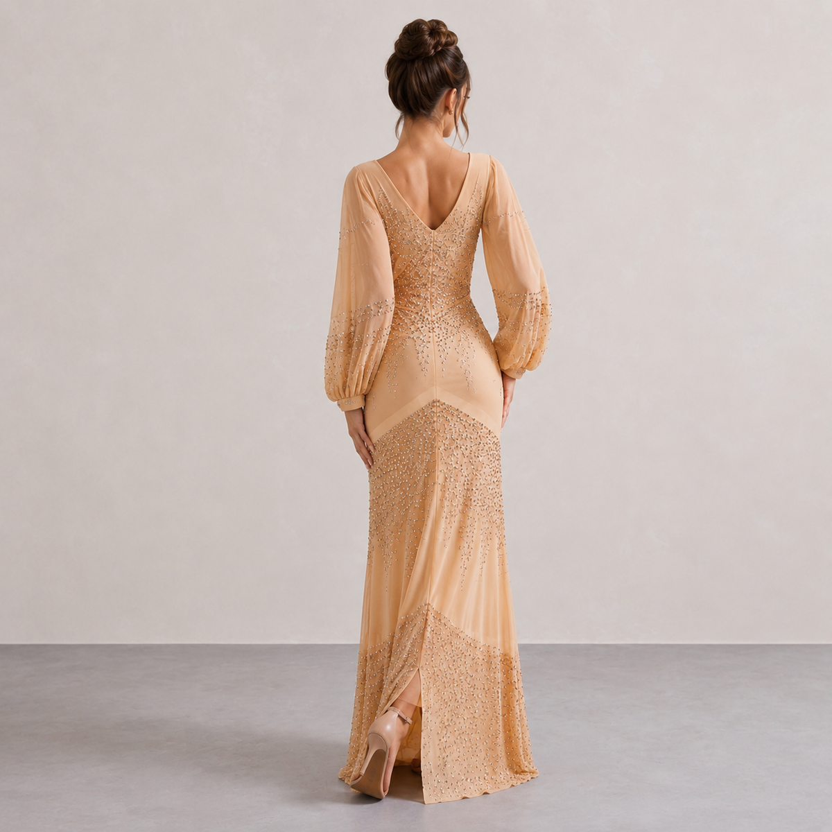 Sequin V-Neck Balloon Sleeve High Split Maxi Gown 15