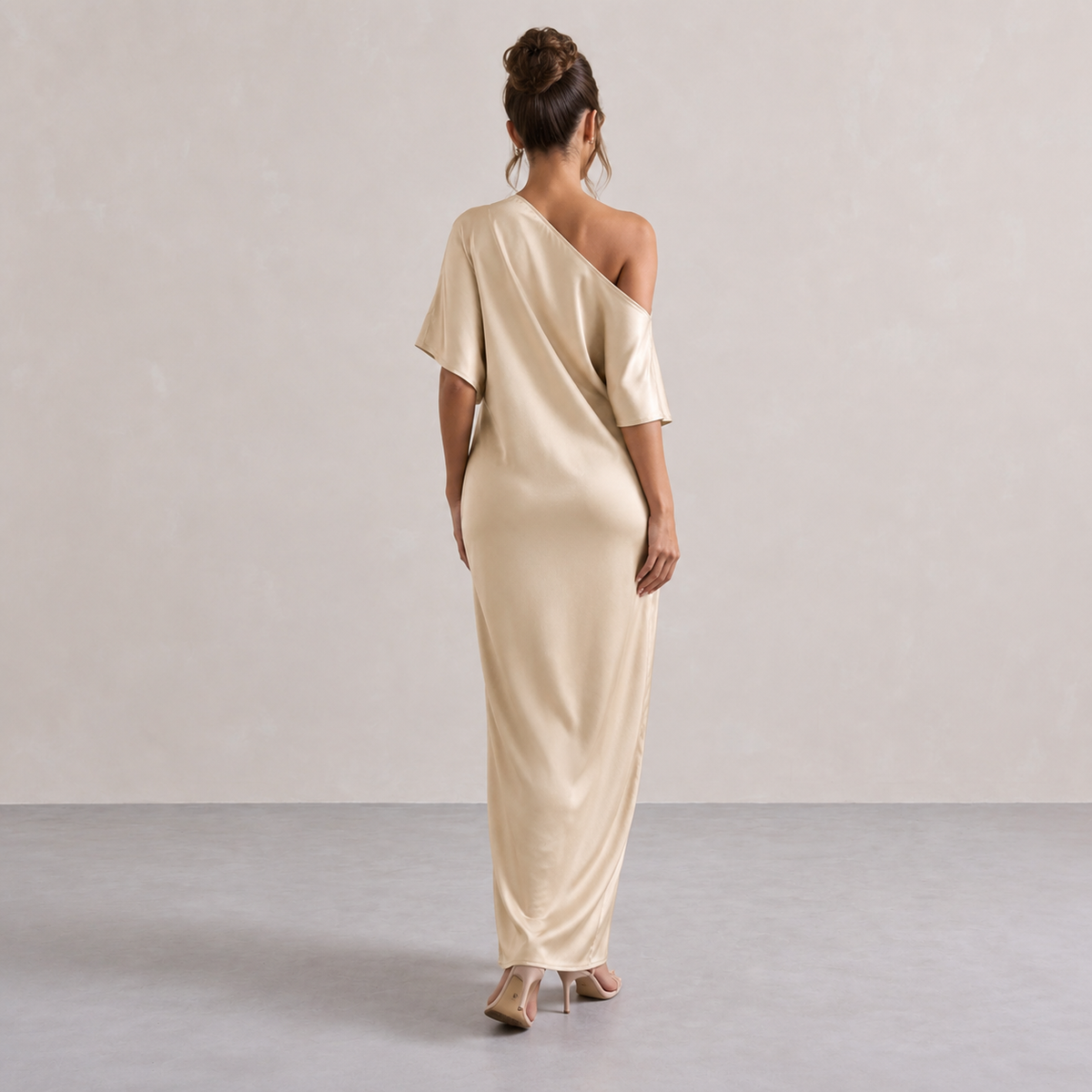 One Shoulder Batwing Sleeve Satin Side Split Maxi Dress 12