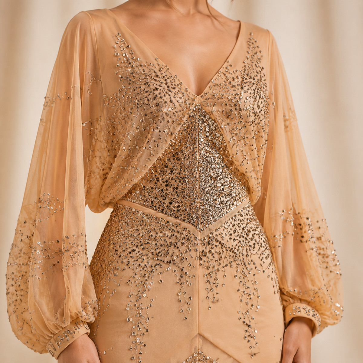 Sequin V-Neck Balloon Sleeve High Split Maxi Gown 14