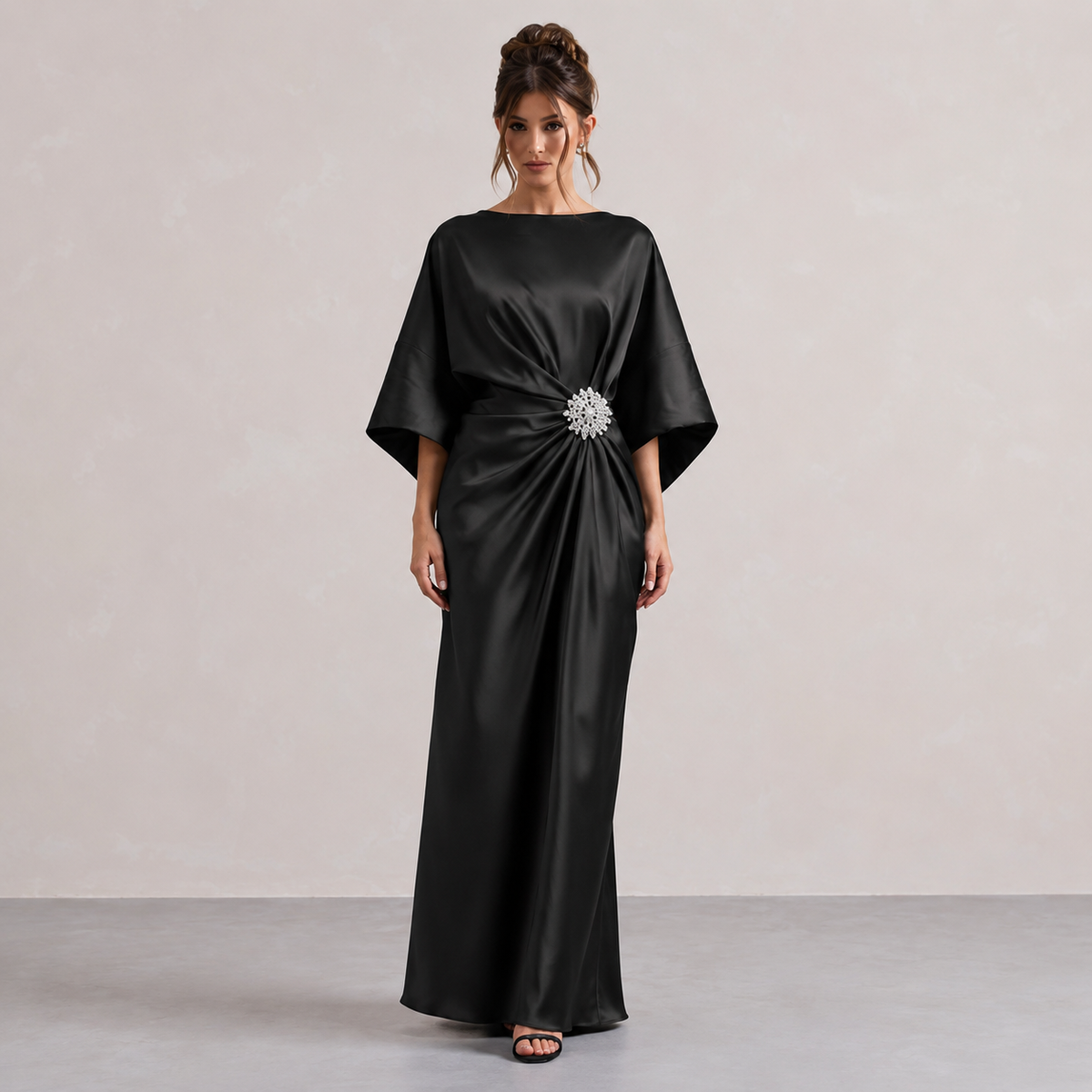 Round Neck Batwing Sleeve Brooch Ruched Satin Maxi Gown 10