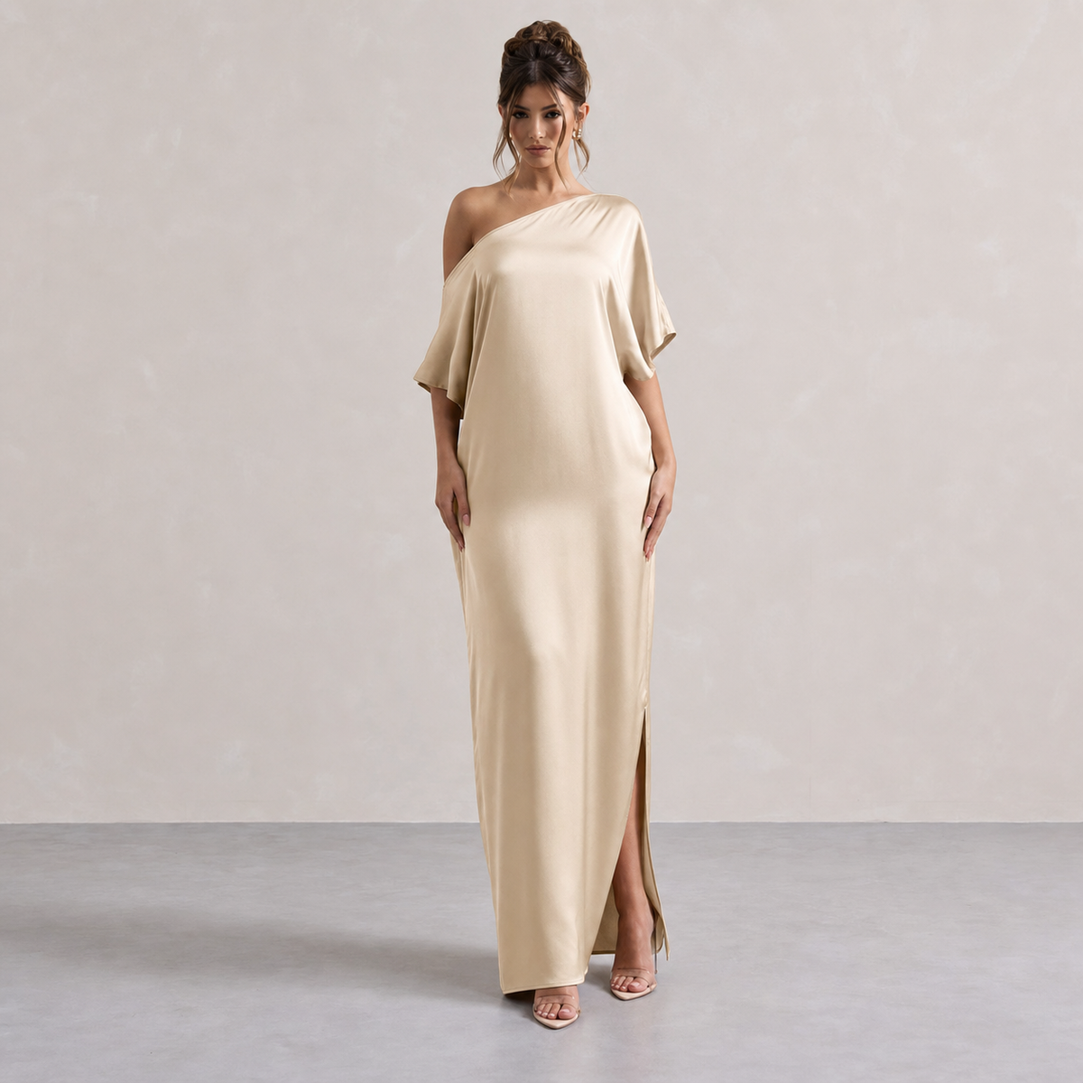 One Shoulder Batwing Sleeve Satin Side Split Maxi Dress 10