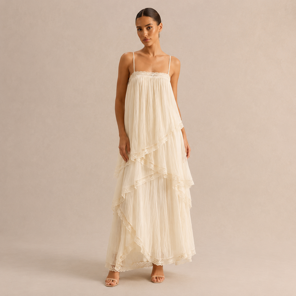 Strappy Lace Trim Tiered Flowy Maxi Dress