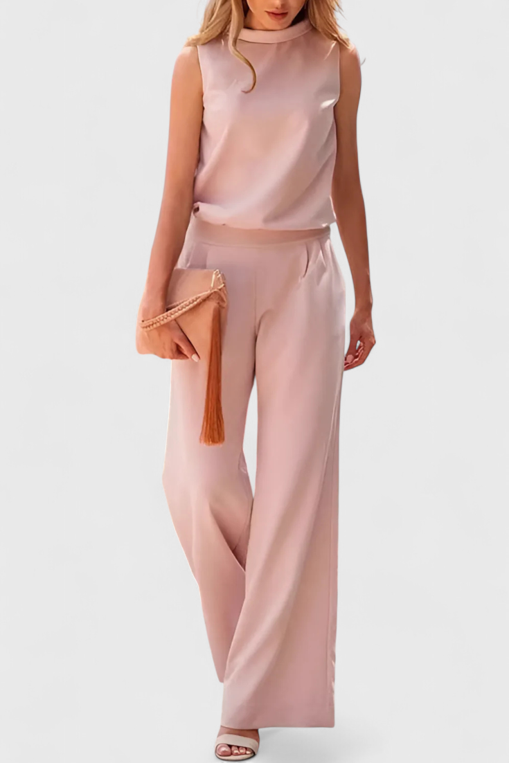 Sleeveless Mock Neck Top and Wide Leg Pants Two Piece Set