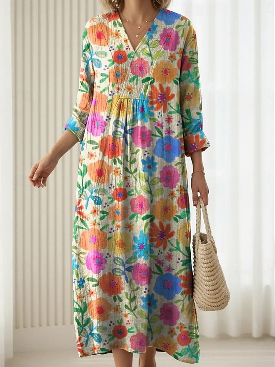 Floral V-Neck Long Sleeve Tiered Midi Dress