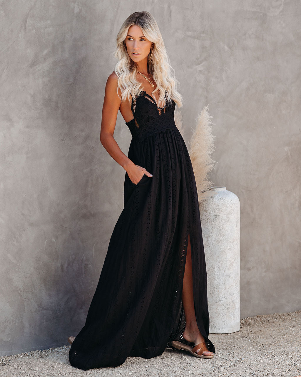 Archer Pocketed Lace Eyelet Maxi Dress Black - View 10