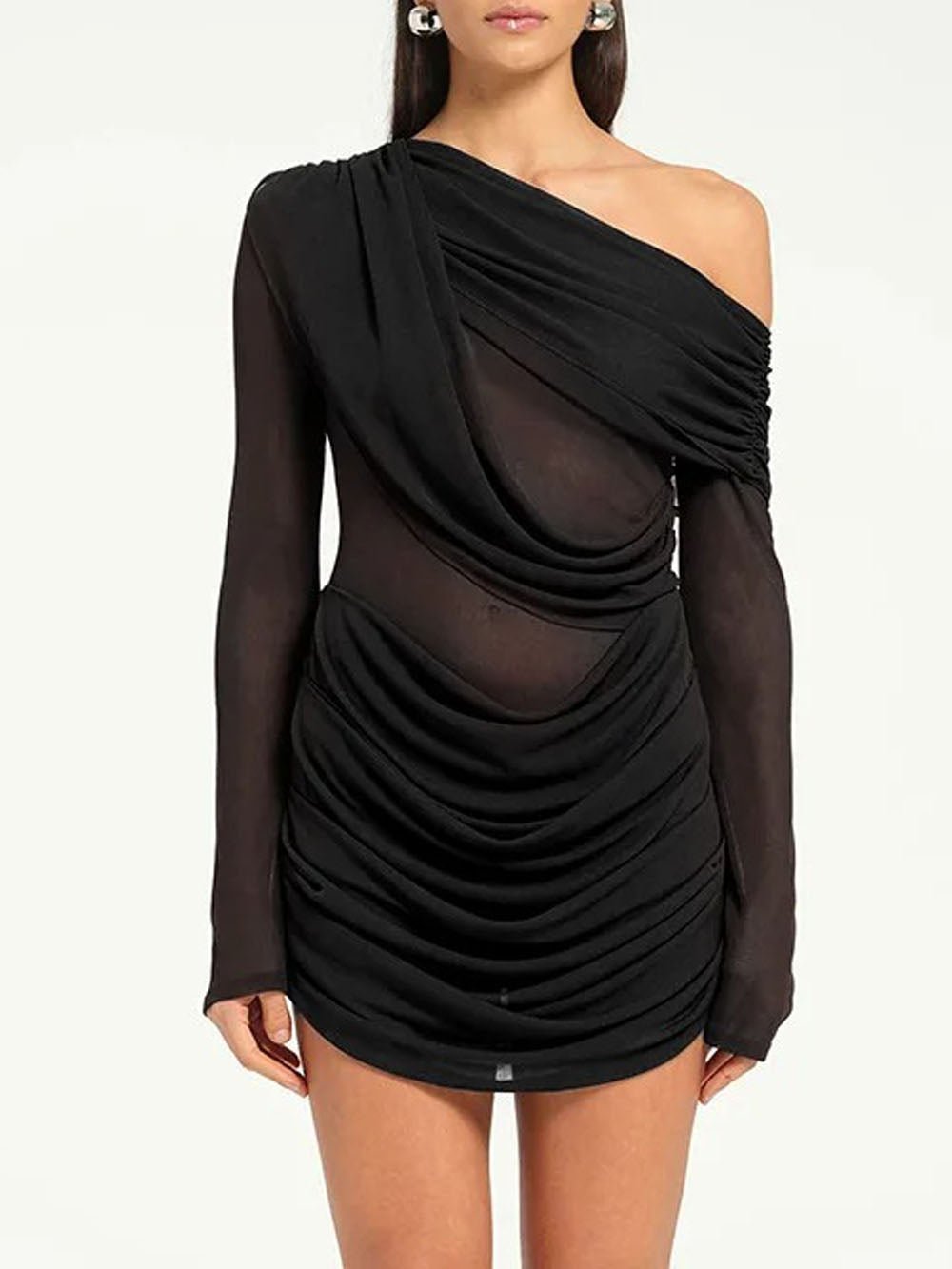 Ariana One Shoulder Mesh Mini Dress in Black