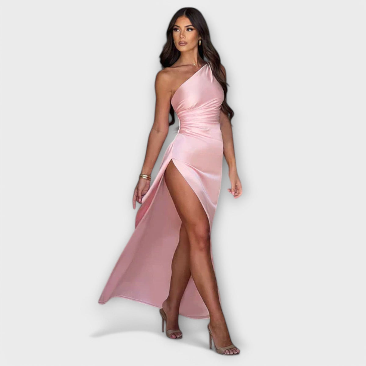 One Shoulder Ruched High Split Satin Maxi Dress 5