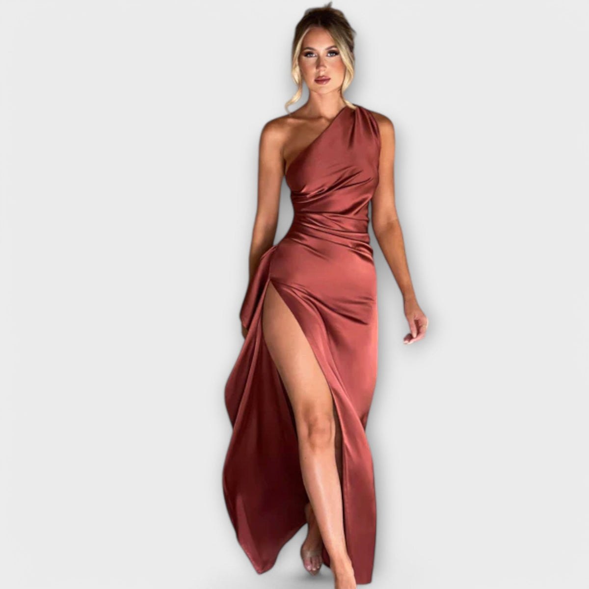 One Shoulder Ruched High Split Satin Maxi Dress 8