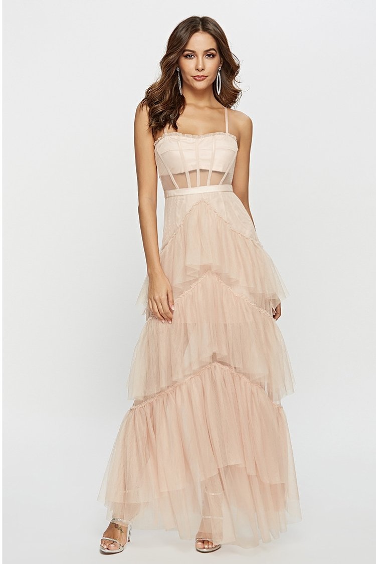 Tulle Spaghetti Strap Corset Tiered Maxi Dress
