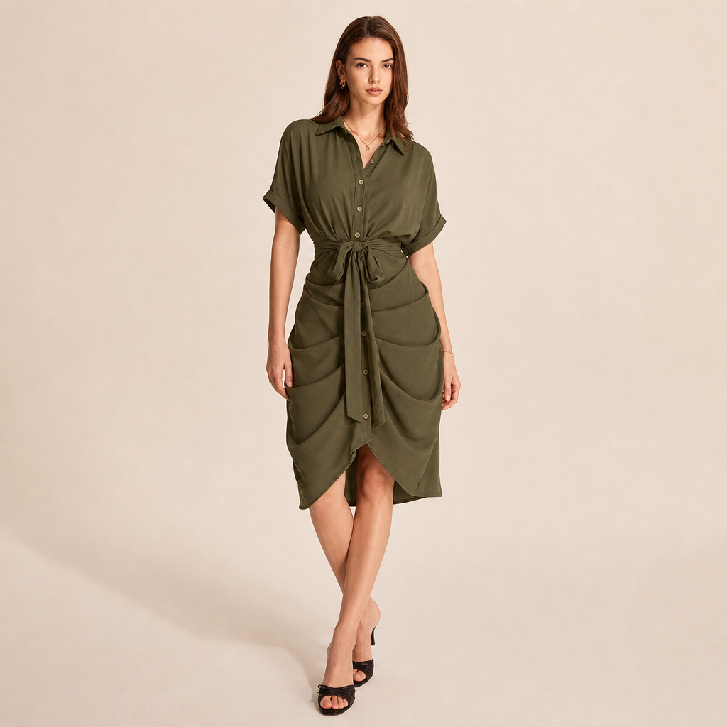 Collared Short Sleeve Tie Front Ruched Shirt Dress 10