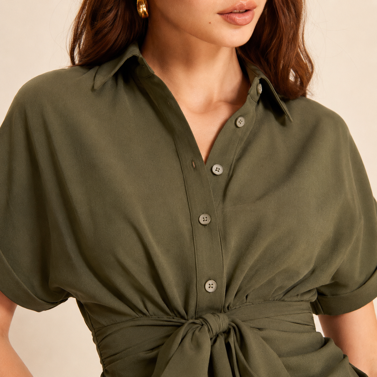Collared Short Sleeve Tie Front Ruched Shirt Dress 11