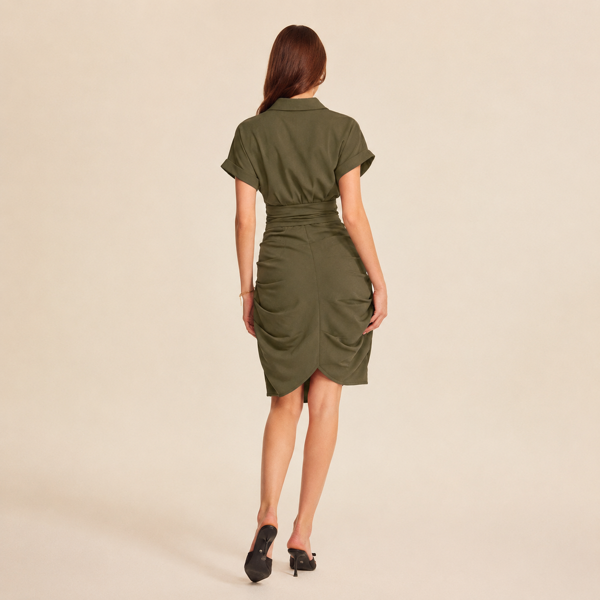 Collared Short Sleeve Tie Front Ruched Shirt Dress 12