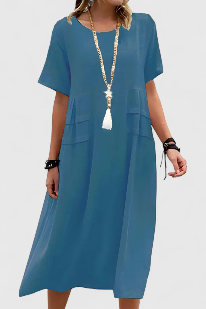 Round Neck Short Sleeve Pocket Midi Dress 6
